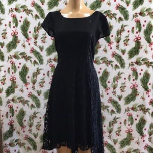 Black dress with chiffon neckline and lace overlay